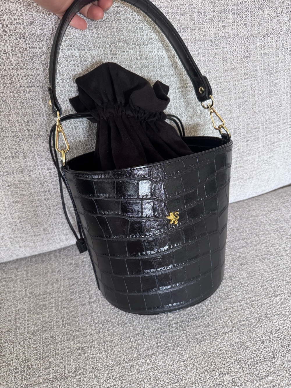 Pratesi Italian Black Croc-Embossed Bucket Bag with Drawstring Pouch